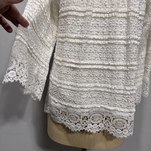 Skye's The Limit Womans Lace Overlay Top Size M White 3/4 Sleeve Cottage Peasant - Picture 2 of 11